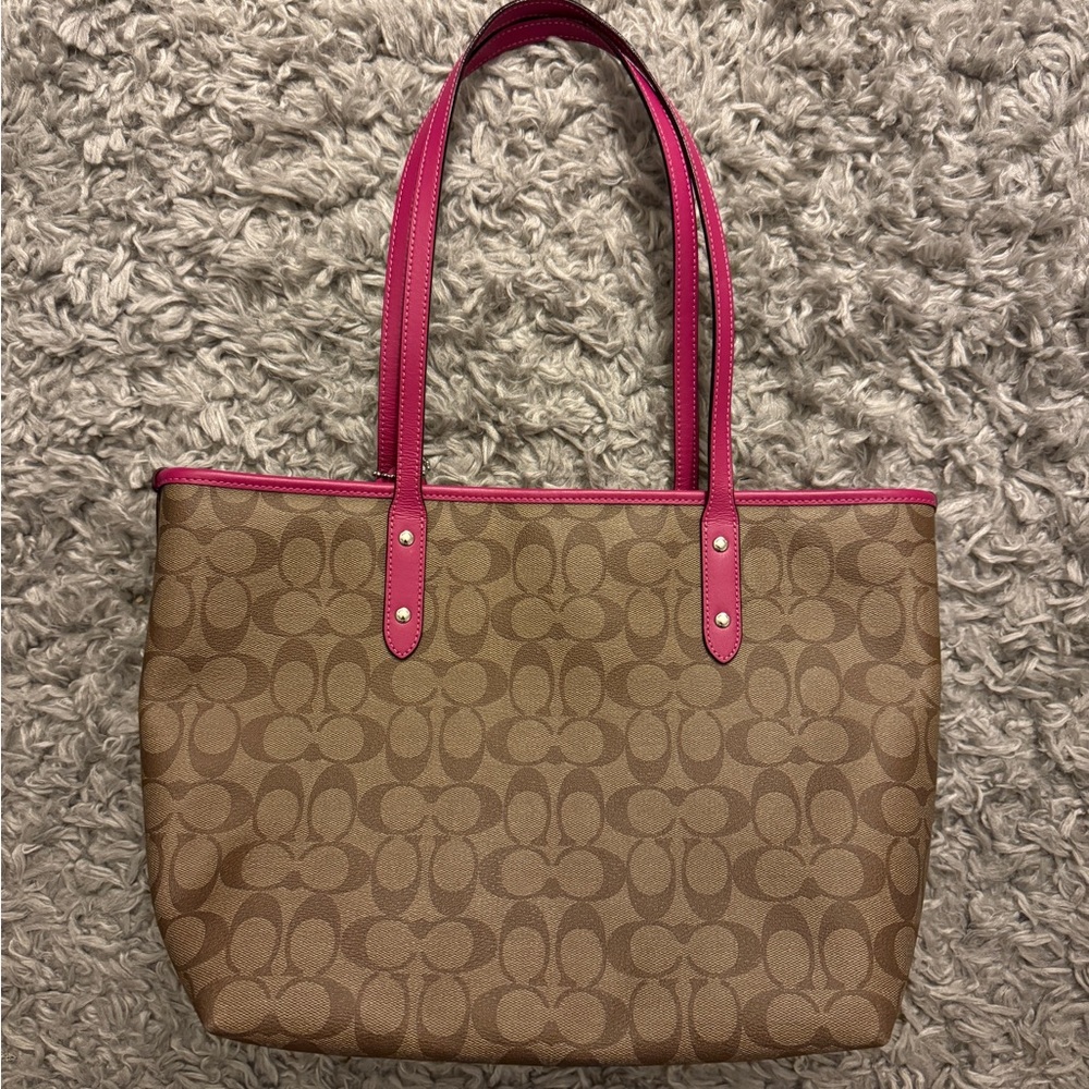 Stylish Brown and Pink Coach Tote Bag